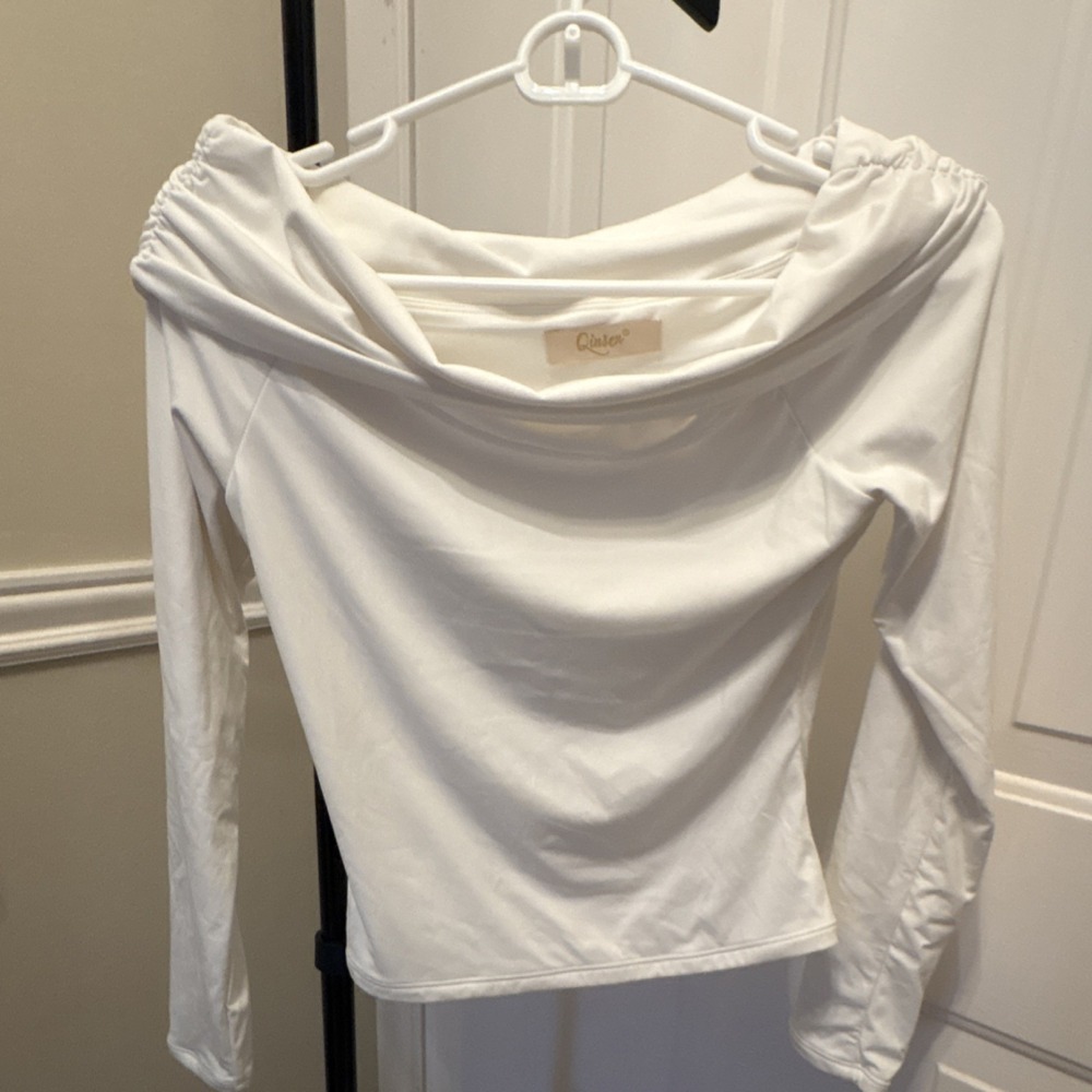 Qinsen White Off the Shoulder Blouse Long Sleeve Pullover Solid Top Women Size M